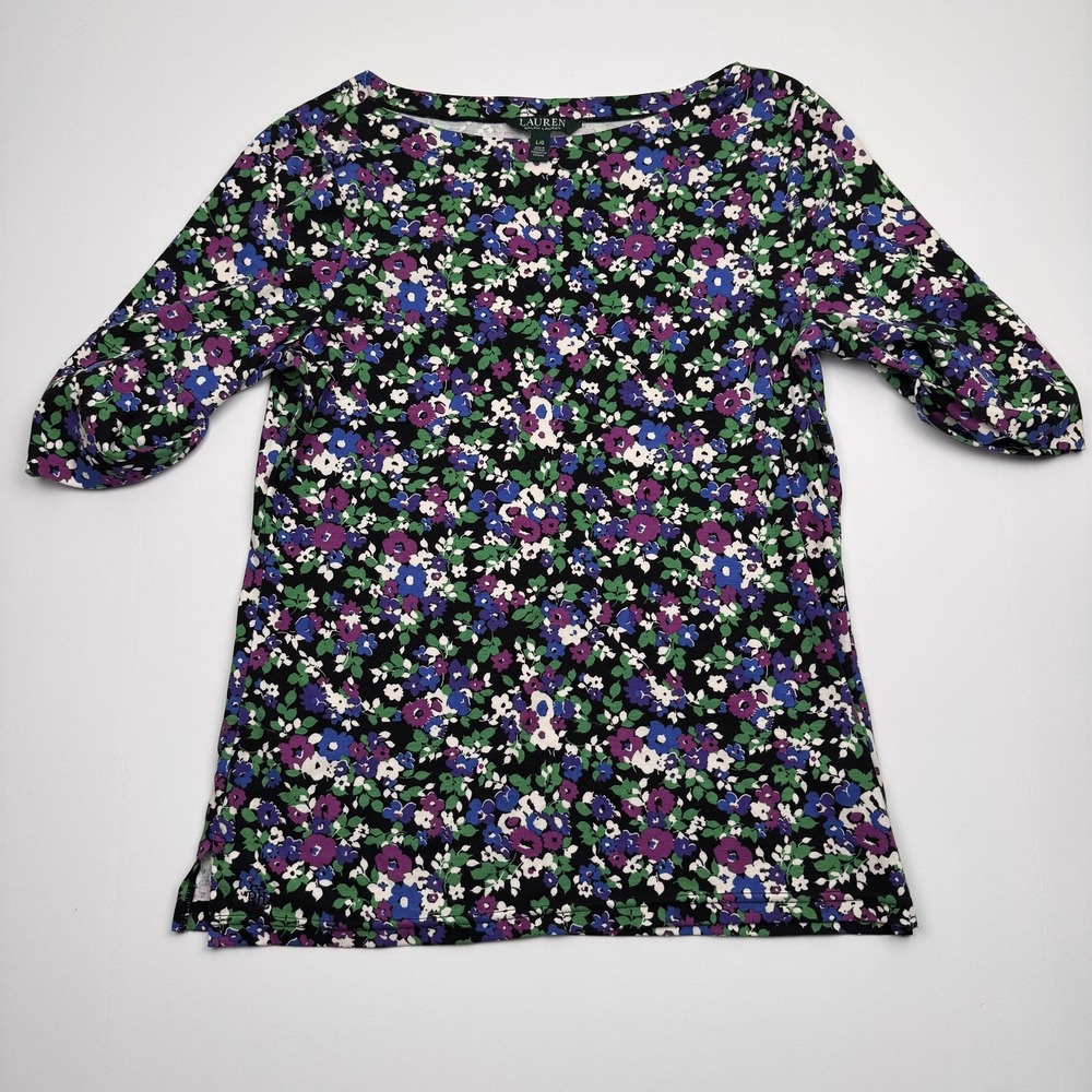 Lauren Ralph Lauren Shirt Womens Large Black Floral Boat Neck Elbow Sleeve Knit